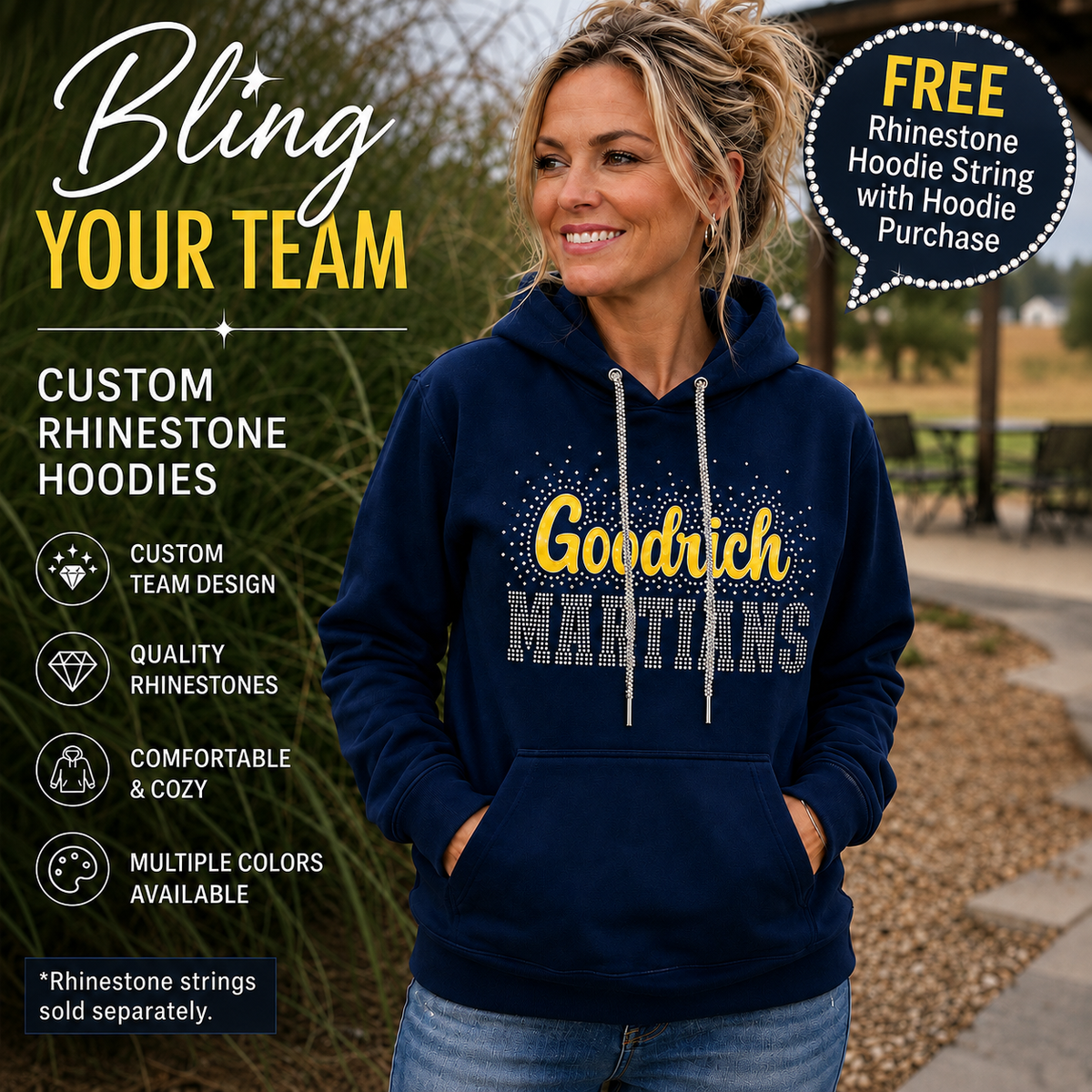 Rhinestone Sports Hoodie – Custom Bling School Spirit Sweatshirt | Unisex S–4X