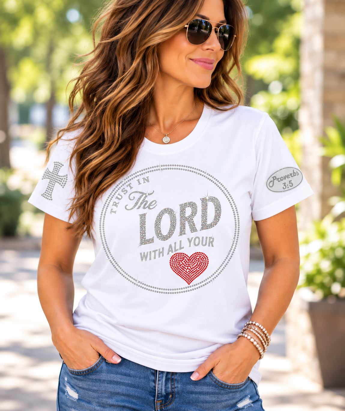 Custom Christian Rhinestone T-shirt Bible Verse Trust in the Lord White