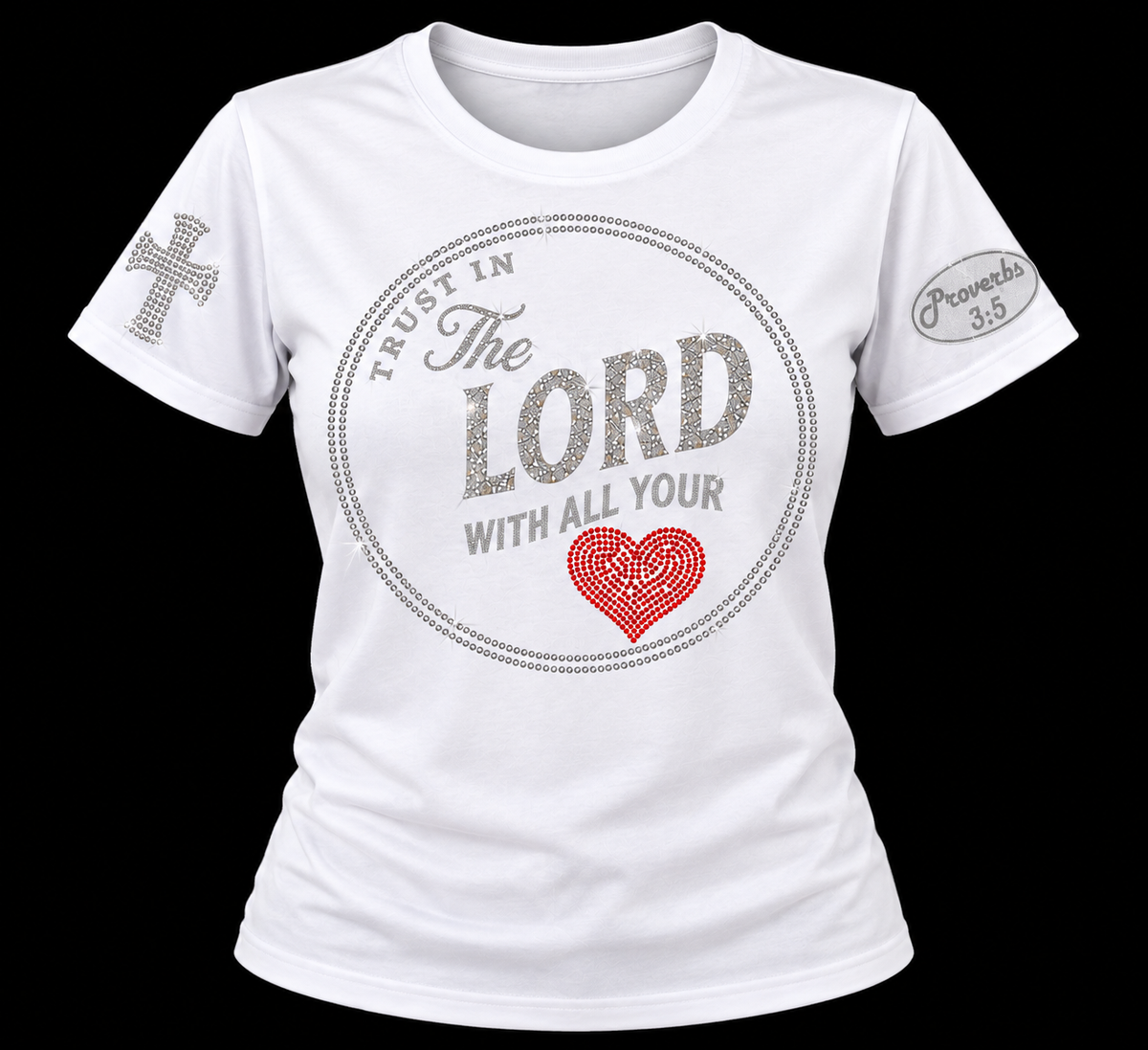 Custom Christian Rhinestone T-shirt Bible Verse Trust in the Lord White