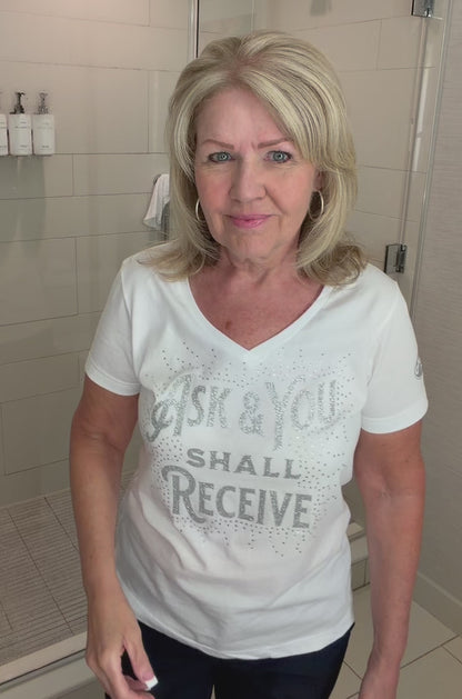 Custom Rhinestone T-shirt Bible Verse Ask & You Shall Receive
